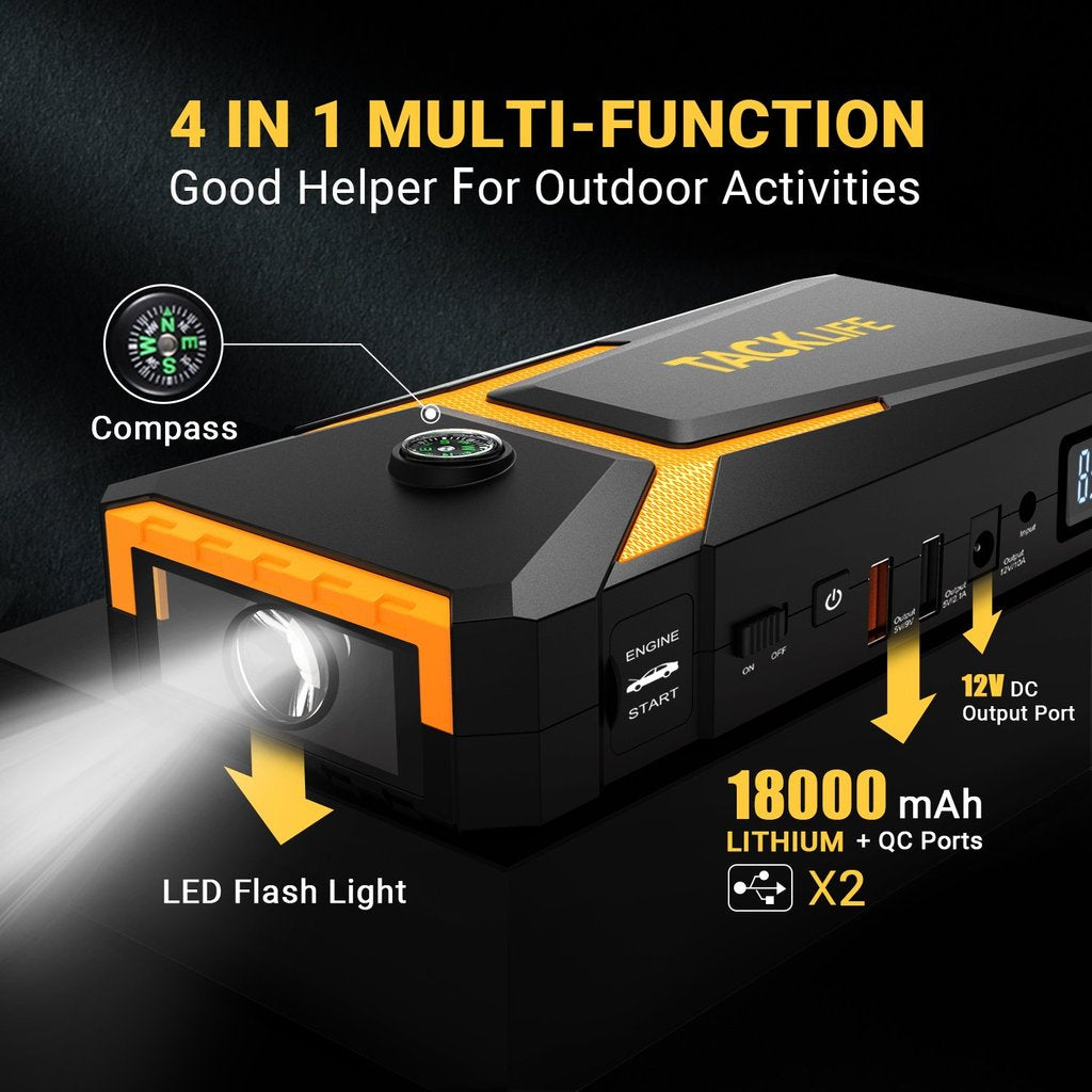 TACKLIFE T8 Car Jump Starter 800A 18000mAh, for 7.0L Gas & 5.5L Diesel Engines, 12V Battery Booster with Quick Charge & Safety Features