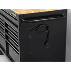 Mobile workbench with 9 drawers, hardwood top and power connection, 117 cm W x 62 cm D – high-gloss black