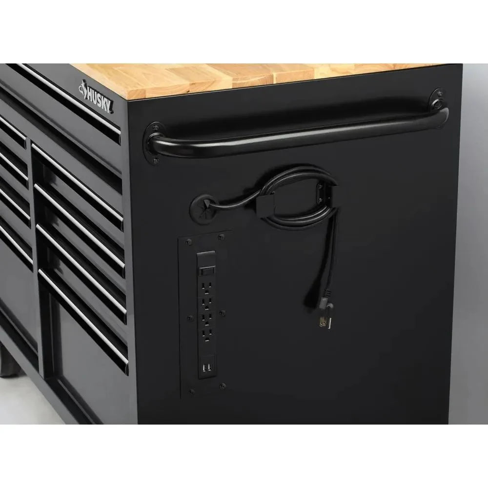Mobile workbench with 9 drawers, hardwood top and power connection, 117 cm W x 62 cm D – high-gloss black