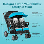 Compass Quad 4 Seat Stroller | 4-Seat Stroller for Daycare | Oversized UV Blocking Canopy | 5-Point Harness | Easy Loading | Storage Bucket | Teal