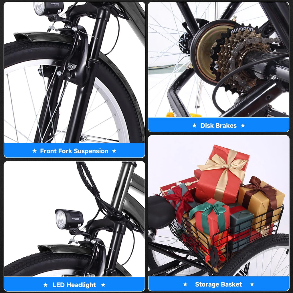 26 Inch Adult 3 Wheel Electric Tricycle with Basket, Fat Tires,7 Speeds,350W Powerful Motor, 36V 10Ah Removable Battery �� Dark Gray