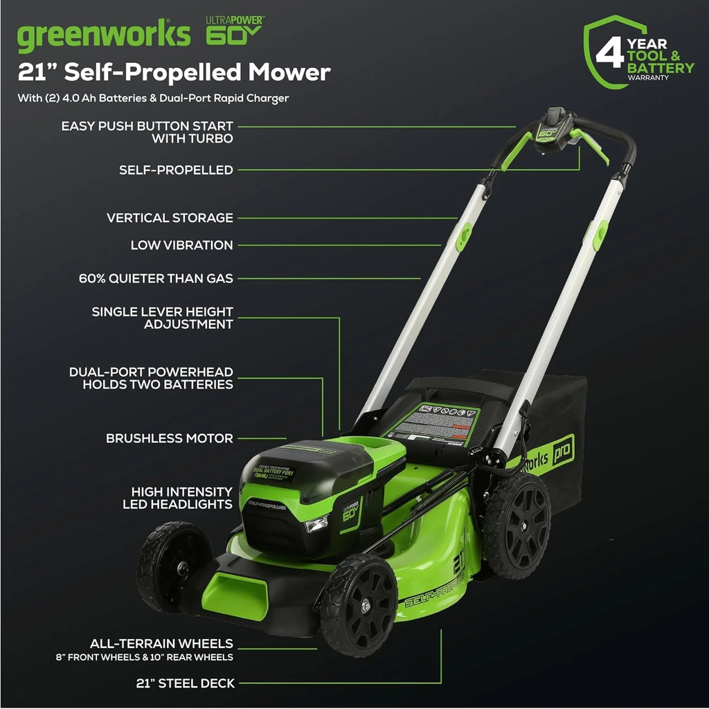 Greenworks 60V 21” Cordless (Self-Propelled) Lawn Mower , 2 x 4.0Ah Batteries and Dual Port Rapid Charger  sgtnighsdesigns