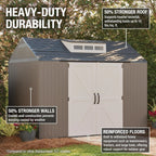 Rubbermaid resin garden shed with floor (2.13 x 2.13 m), weatherproof, grey, for storing garden tools, lawnmowers, bicycles and pool accessories