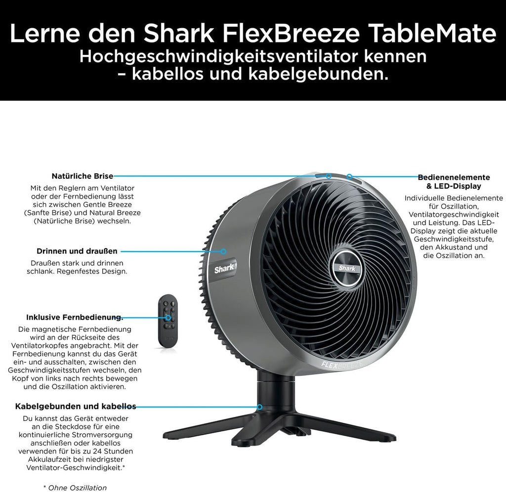 Shark FlexBreeze HydroGo Strong Fan with Mist, Cooling for Indoor & Outdoor Use, Quiet & Durable, Wired & Wireless, Compact & Lightweight, Up to 20m Airflow, Anthracite FA050EU