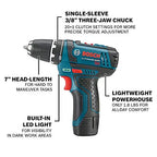 BOSCH CLPK22-120 12V Max Cordless 2-Tool 3/8 in. Drill/Driver and 1/4 in. Impact Driver Combo Kit with 2 Batteries, Charger and Case,Blue