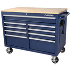 Mobile workbench with 9 drawers, hardwood top and power connection, 117 cm W x 62 cm D – high-gloss black