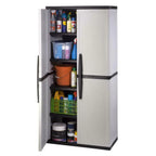 Freestanding garage cabinet made of grey plastic, model 2025, 89 cm W x 180 cm H x 46 cm D, with adjustable shelves and lockable doors.