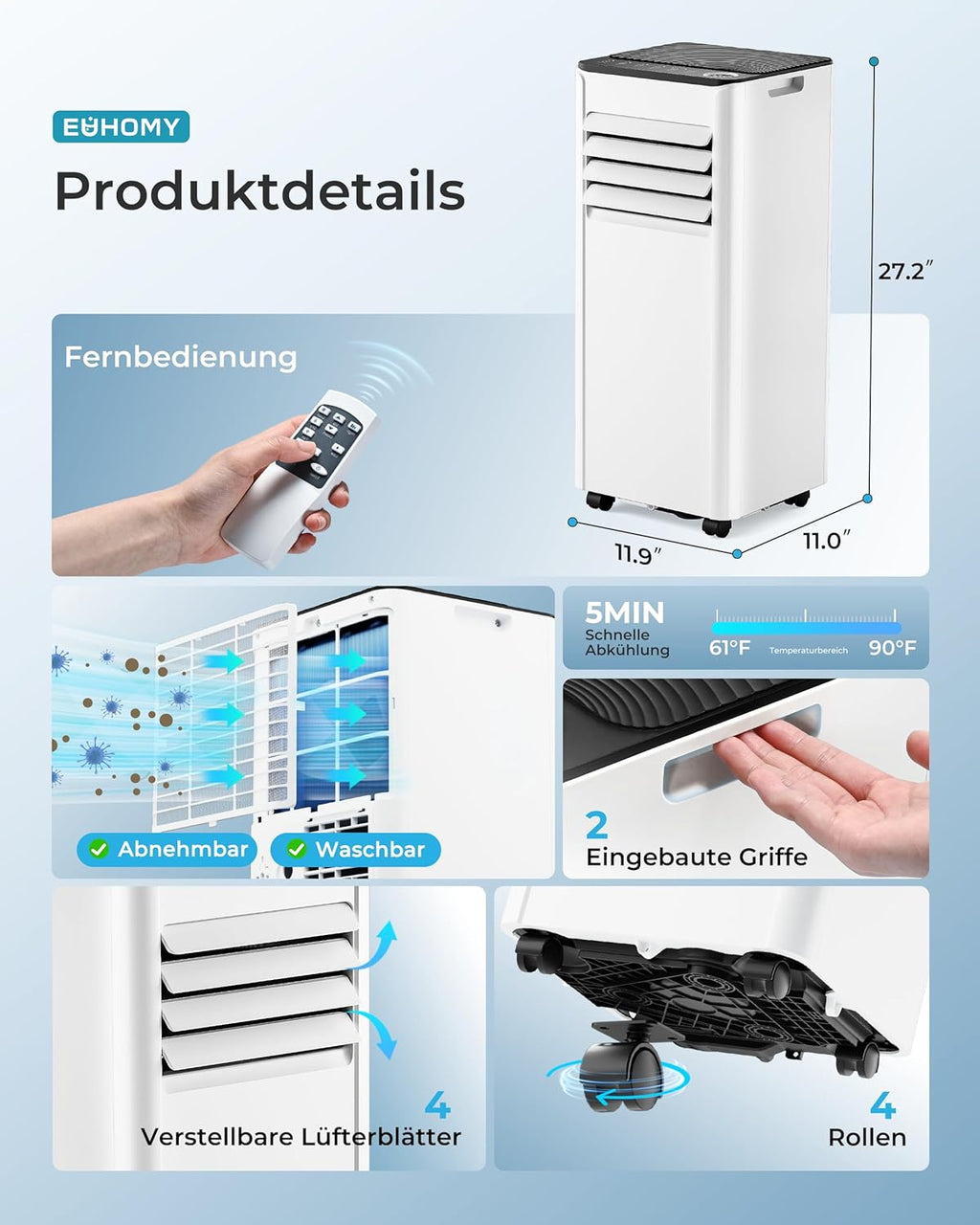 Mobile Air Conditioner with Exhaust Hose 7000 BTU 4-in-1 Mobile Air Conditioner Quiet Operation Digital Display + Remote Control Window Installation Set 24 Hour Timer for Rooms up to 20 m2
