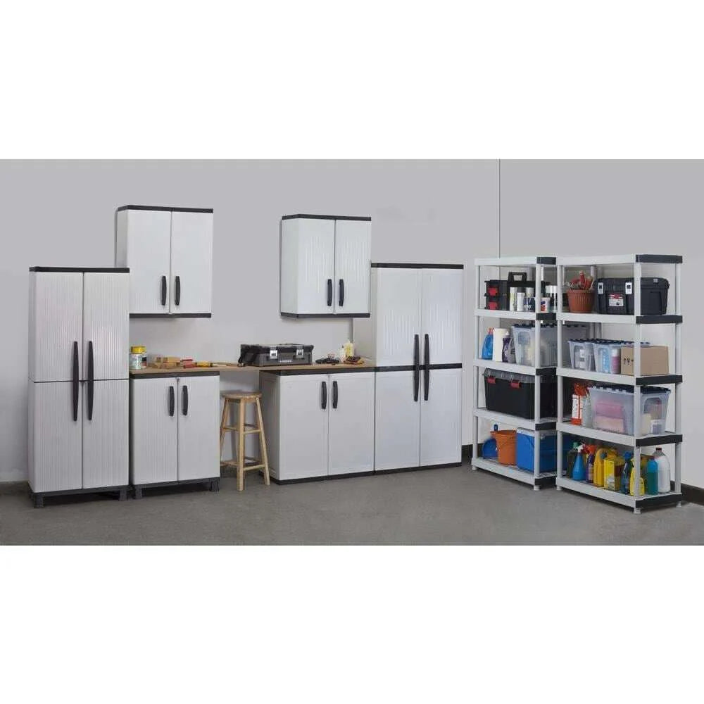 Freestanding garage cabinet made of grey plastic, model 2025, 89 cm W x 180 cm H x 46 cm D, with adjustable shelves and lockable doors.