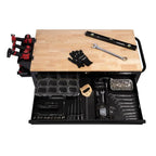 Mobile workbench with 9 drawers, hardwood top and power connection, 117 cm W x 62 cm D – high-gloss black