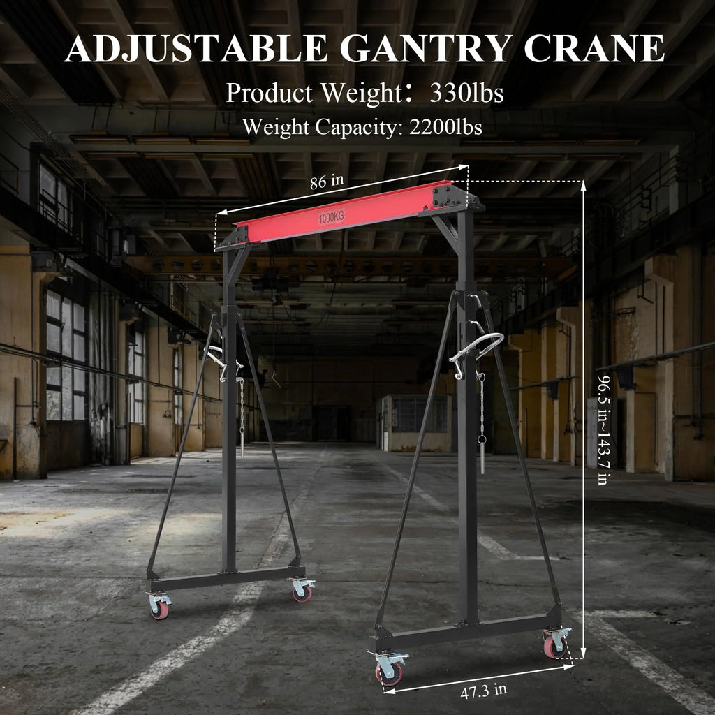 Garvee 1 Ton Adjustable Gantry Crane, 2200 lbs Capacity, Height Adjustable 96.5"-143.7", Portable Hoist for Factory, Construction, Warehouse, Auto Repair