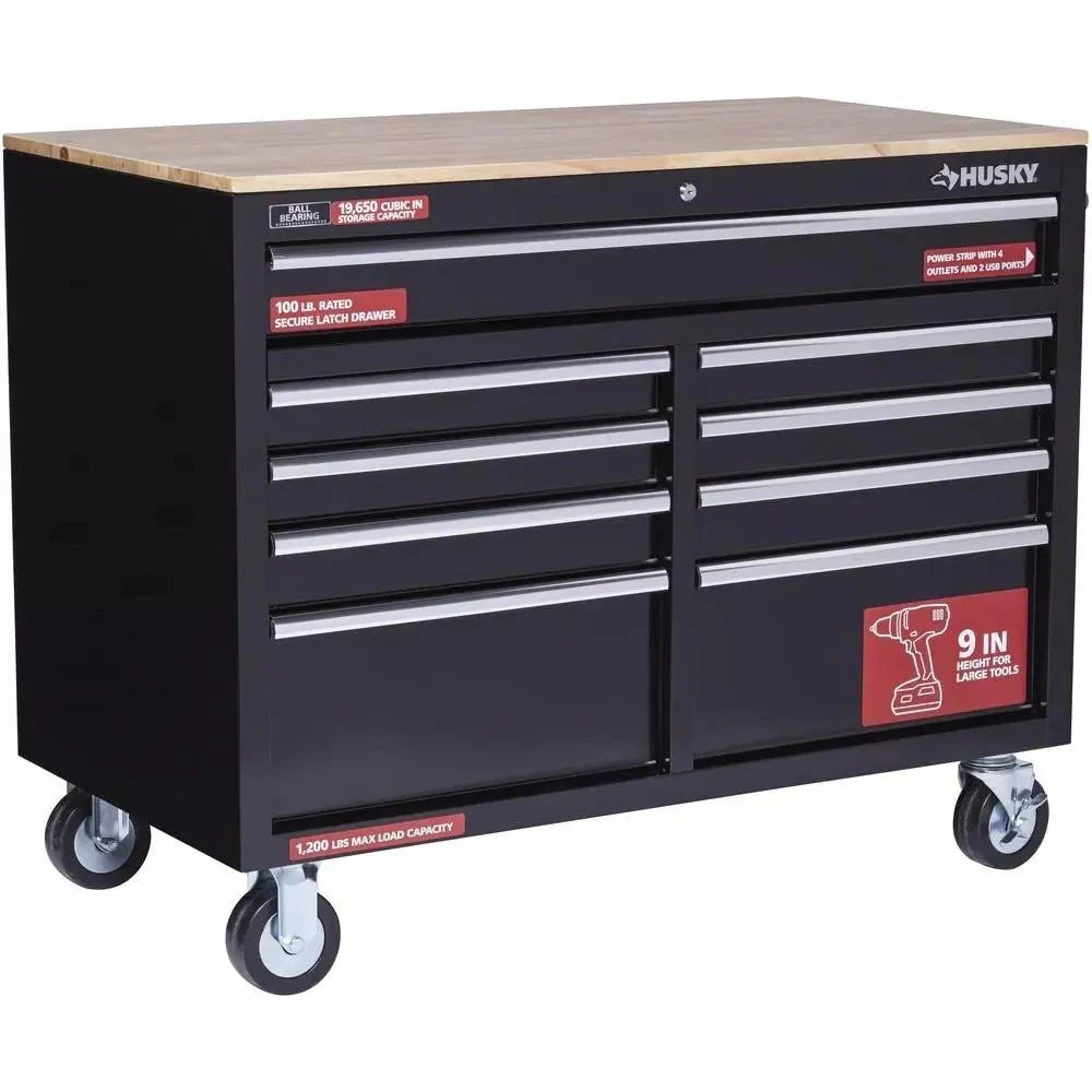 🔥46 in. W x 24 in. D 9-Drawer Gloss Black Deep Tool Chest Mobile Workbench