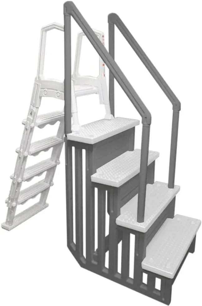 Non-slip entry steps for pools | Grey | For above-ground pools | Can be installed on terraces with a height of 122 to 137 cm | Load capacity up to 136 kg