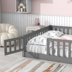 Uhomepro Full Size Kids Floor Bed with Fence & Door, Pine Wood, Playhouse Design