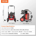 Drain Cleaner Machine 100FT x 1/2 Inch, Auto Feed Sewer Snake Auger on Wheels, 550W Portable Drain Cleaning Machine with 8 Cutters & Air-activated Foot Switch for 2" to 4" Pipes