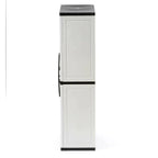 Freestanding garage cabinet made of grey plastic, model 2025, 89 cm W x 180 cm H x 46 cm D, with adjustable shelves and lockable doors.