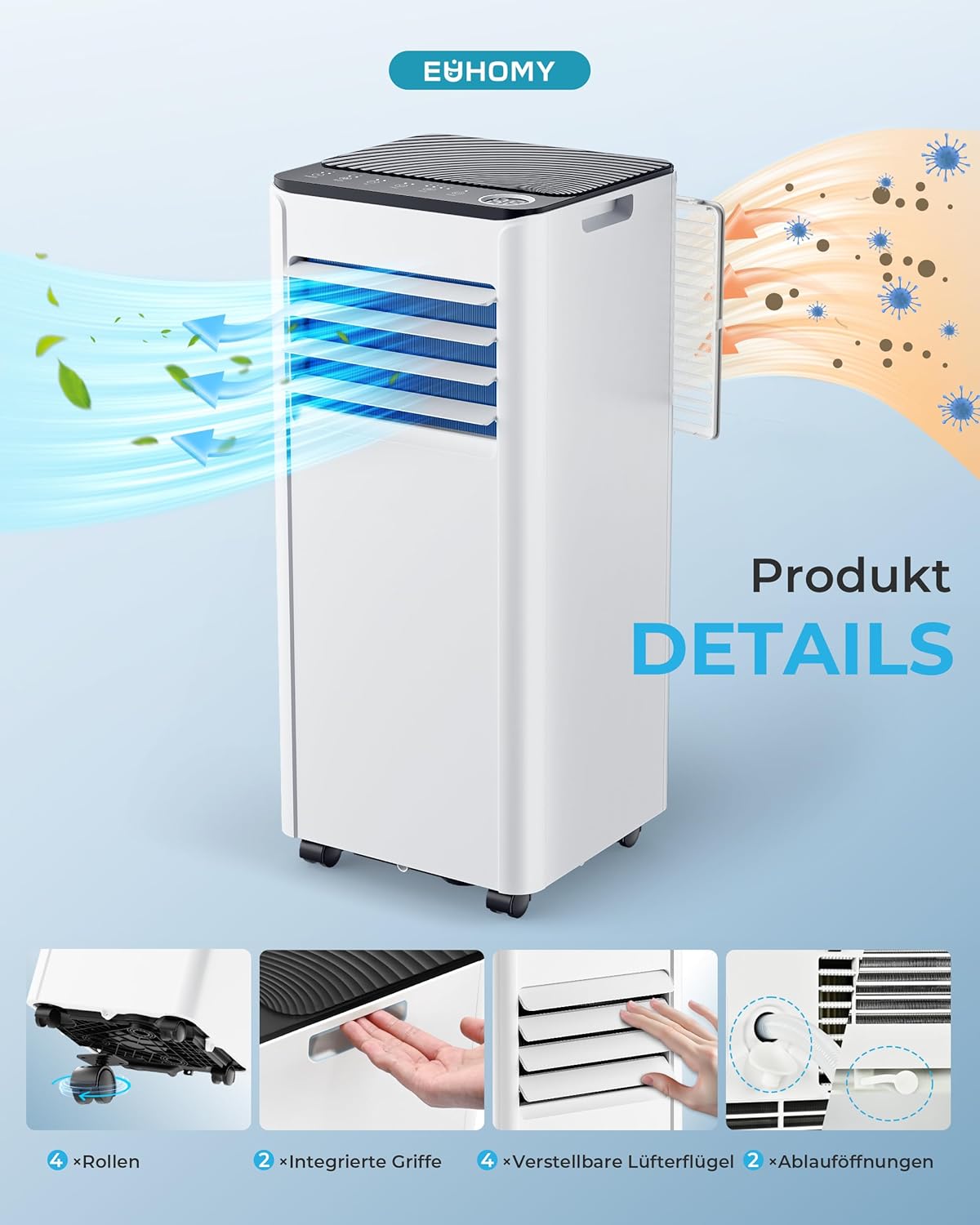 Mobile Air Conditioner with Exhaust Hose 7000 BTU 4-in-1 Mobile Air Conditioner Quiet Operation Digital Display + Remote Control Window Installation Set 24 Hour Timer for Rooms up to 20 m2