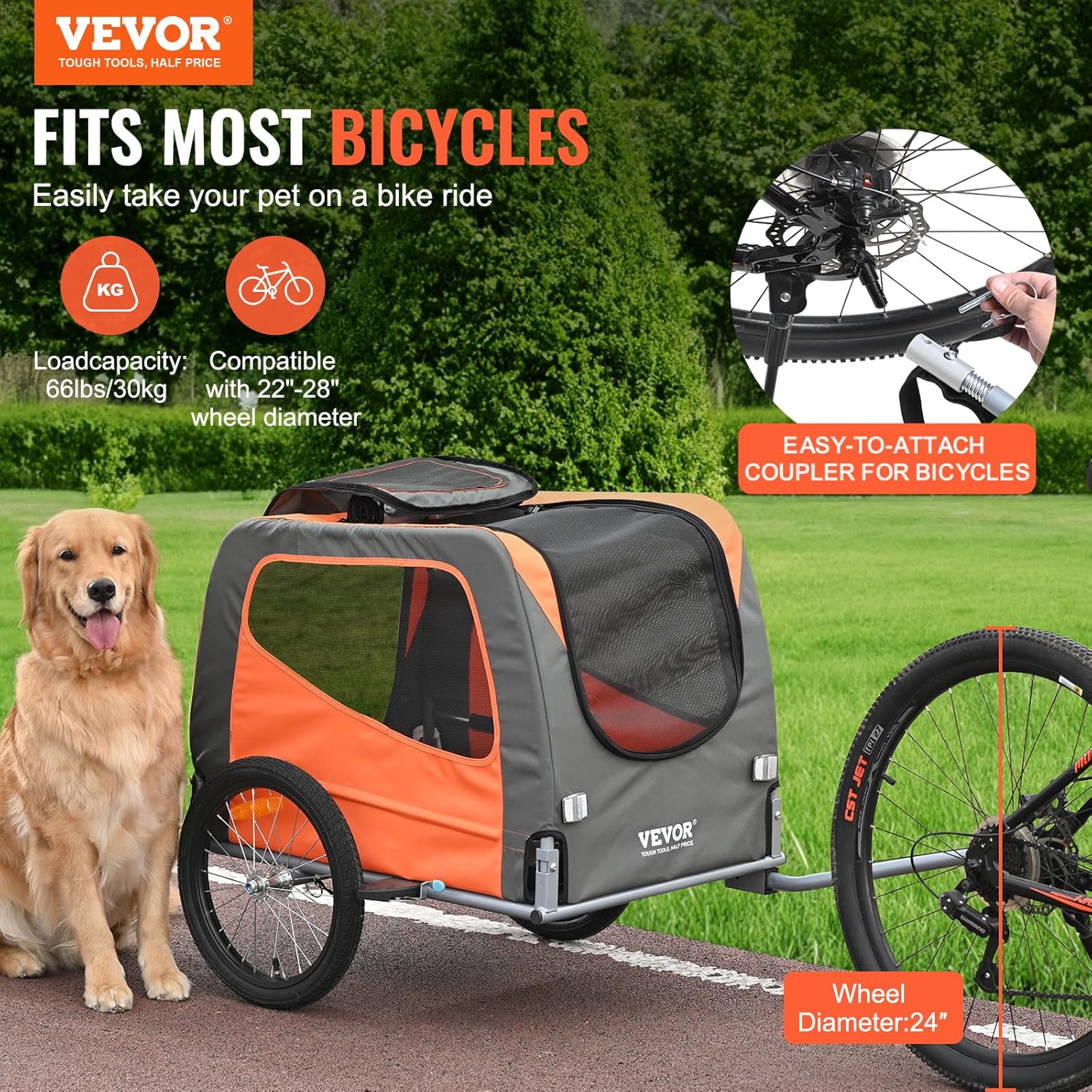 2025 VEVOR Dog Bike Trailer  Supports up to 66/88/100 lbs  Pet Cart Bicycle Carrier  Easy Folding Frame with Quick Release Wheels  Universal Bicycle Coupler  Reflectors  Flag  Collapsible to Store