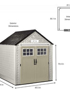 Rubbermaid 7×7 Ft Durable Weather Resistant Resin Outdoor Garden Storage Shed with Windows and Utility Hooks, Sand