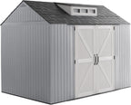 Rubbermaid resin garden shed with floor (2.13 x 2.13 m), weatherproof, grey, for storing garden tools, lawnmowers, bicycles and pool accessories