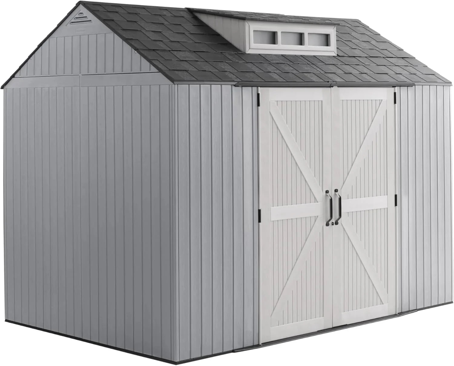 Rubbermaid resin garden shed with floor (2.13 x 2.13 m), weatherproof, grey, for storing garden tools, lawnmowers, bicycles and pool accessories