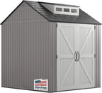Rubbermaid resin garden shed with floor (2.13 x 2.13 m), weatherproof, grey, for storing garden tools, lawnmowers, bicycles and pool accessories