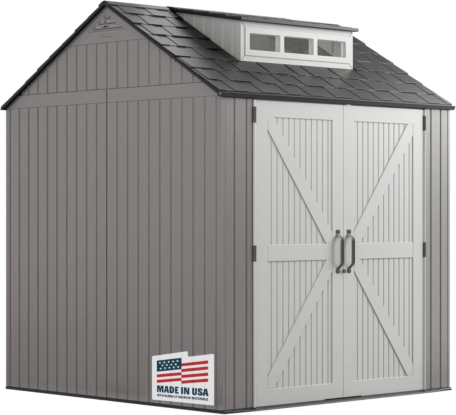 Rubbermaid resin garden shed with floor (2.13 x 2.13 m), weatherproof, grey, for storing garden tools, lawnmowers, bicycles and pool accessories