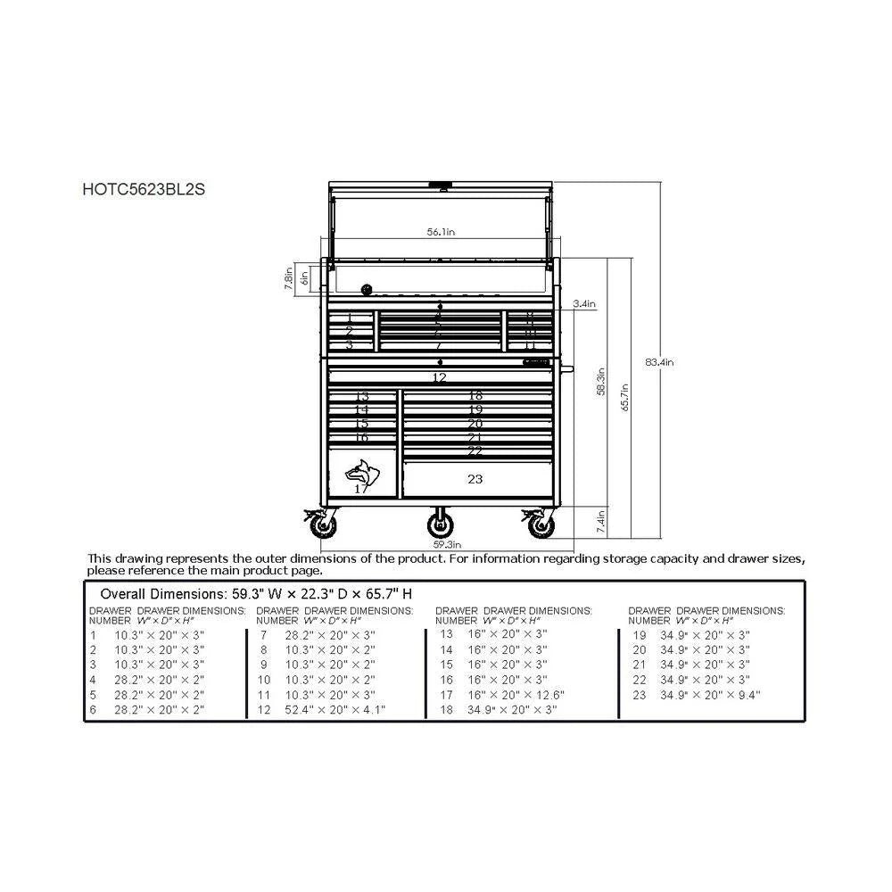 2025 56 inch W x 22 inch D Heavy-duty combination tool trolley with 23 drawers and tool cabinet in matte blue