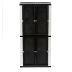 Freestanding garage cabinet made of grey plastic, model 2025, 89 cm W x 180 cm H x 46 cm D, with adjustable shelves and lockable doors.