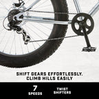 Mongoose Malus Mens and Women Fat Tire Mountain Bike, 26-Inch Bicycle Wheels, 4-Inch Wide Knobby Tires, Steel Frame, 7 Speed Drivetrain, Shimano Rear Derailleur, Disc Brakes