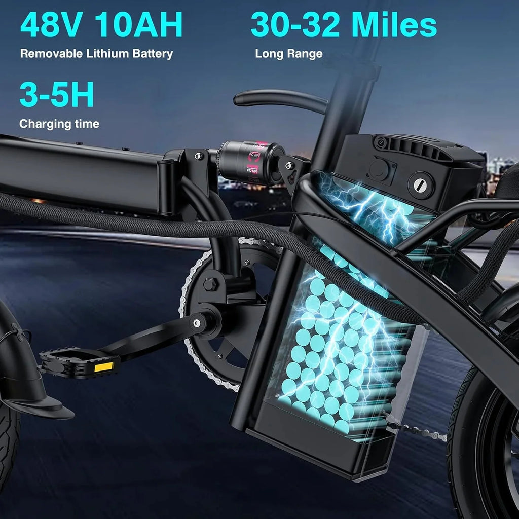 Electric bicycle for adults and teenagers, foldable e-bike for commuters and city use, foldable e-bike motor 48V 24MPH