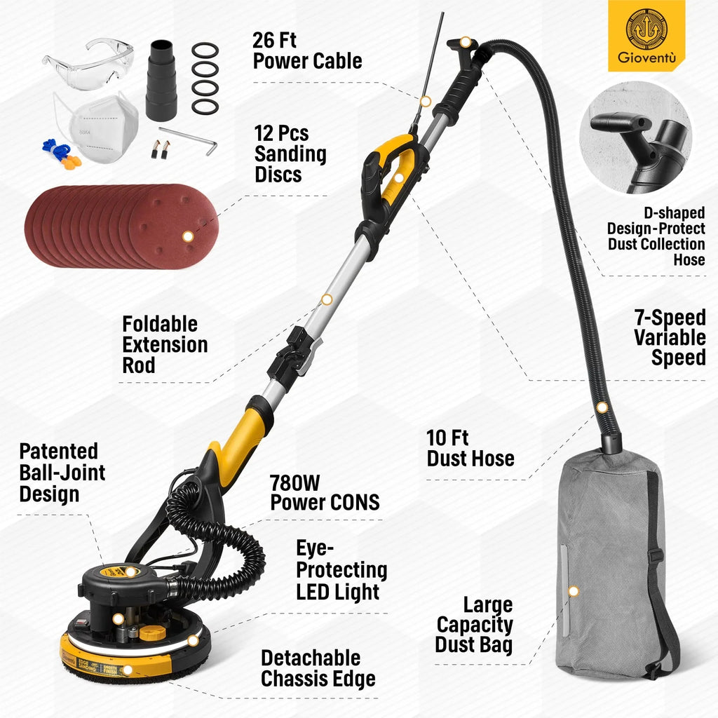Giovent® Electric Drywall Sander with Dust Extraction, Suitable for Popcorn Ceilings