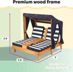 KidKraft Wooden Outdoor Double Chaise Lounge with Cup Holders, Kid's Patio Furniture, Honey with Navy and White Striped Fabric, Gift for Ages 3-8