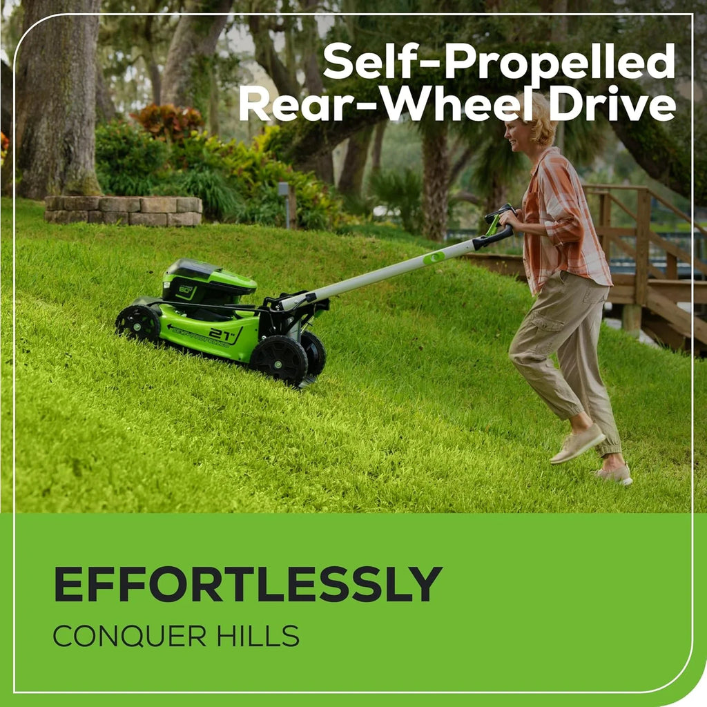 Greenworks 60V 21” Cordless (Self-Propelled) Lawn Mower , 2 x 4.0Ah Batteries and Dual Port Rapid Charger  sgtnighsdesigns