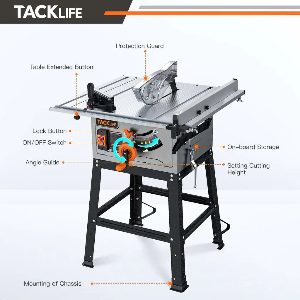 TACKLIFE Table Saw, 10 Inch, 15-Amp 24T Blade 4800 RPM 45oBevel Cutting MTS01A