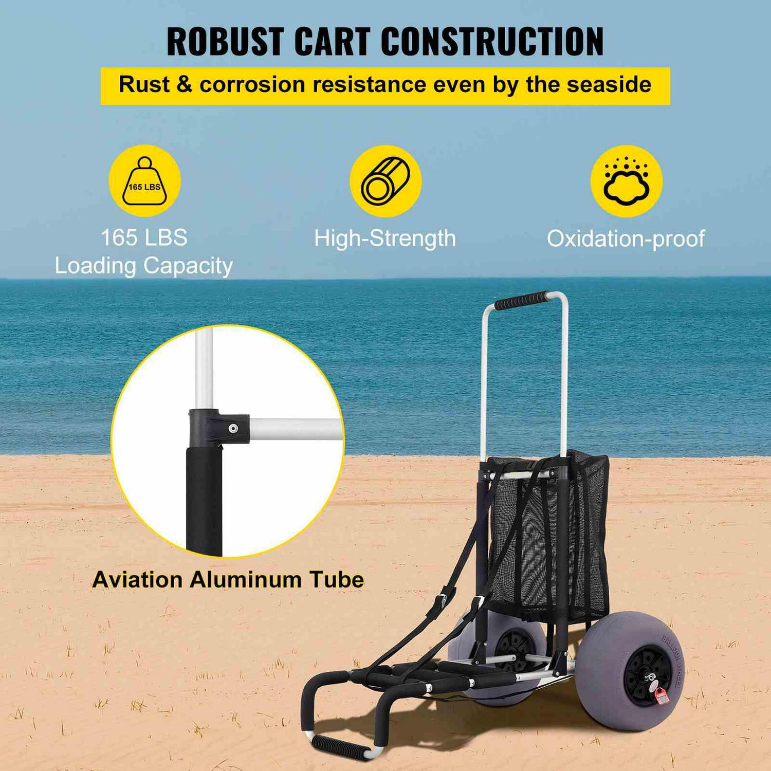 BENTISM Beach Cart for Sand, 165 lbs Capacity, Foldable, Adjustable Handle, 13′′ Balloon Wheels, Black