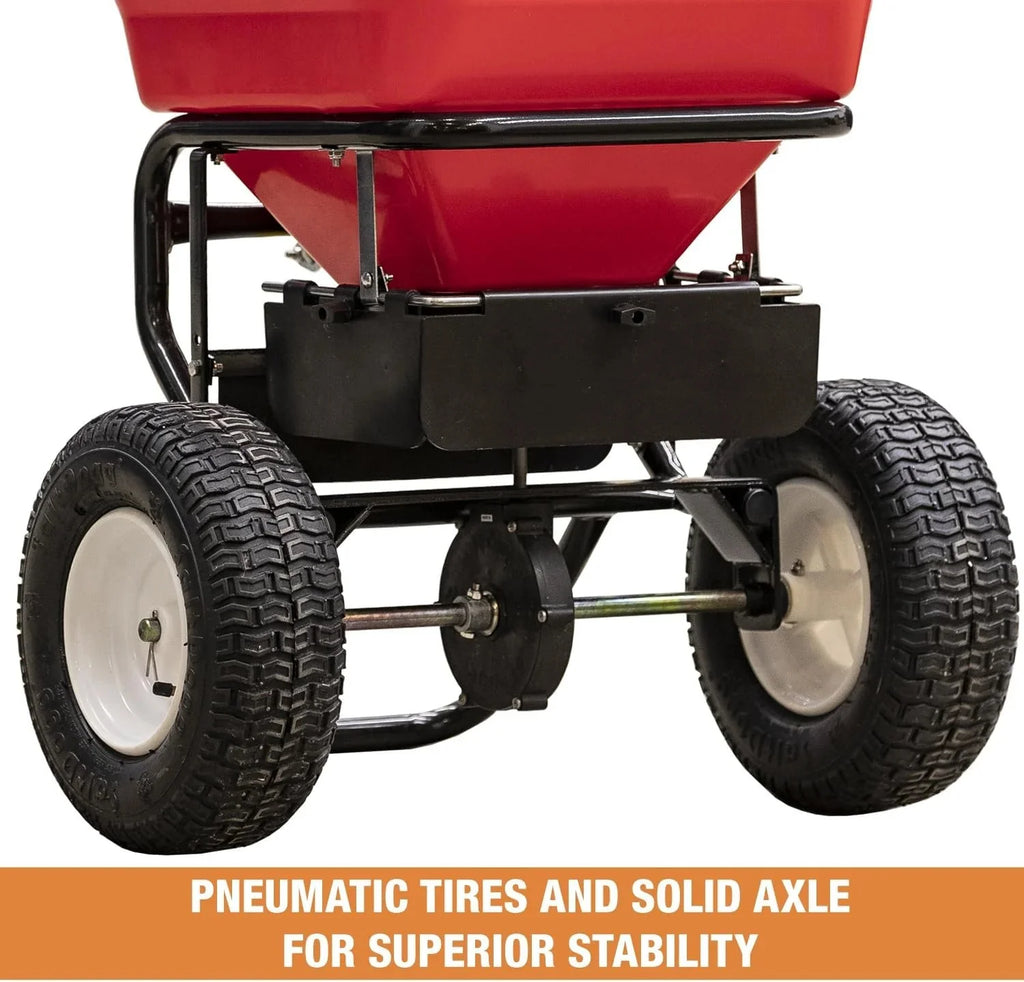 Multi-purpose push-along spreader, 100 lb capacity, versatile tool for lawn seed, salt, de-icer, fertilizer and seeds