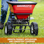 Multi-purpose push-along spreader, 100 lb capacity, versatile tool for lawn seed, salt, de-icer, fertilizer and seeds
