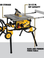 DW 10′′ Jobsite Table Saw 32 1/2′′ Rip Capacity and Rolling Stand DWE7491RS from DW