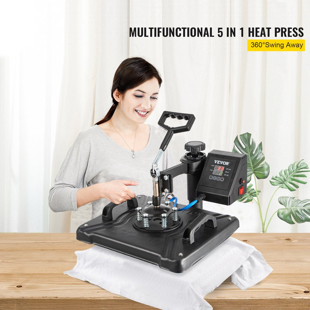 VEVOR 5 in 1 Heat Press Machine, Digital Multifunctional Sublimation for T-Shirts, Hats, Mugs, Caps, Plates, 360° Rotation, Easy Operation