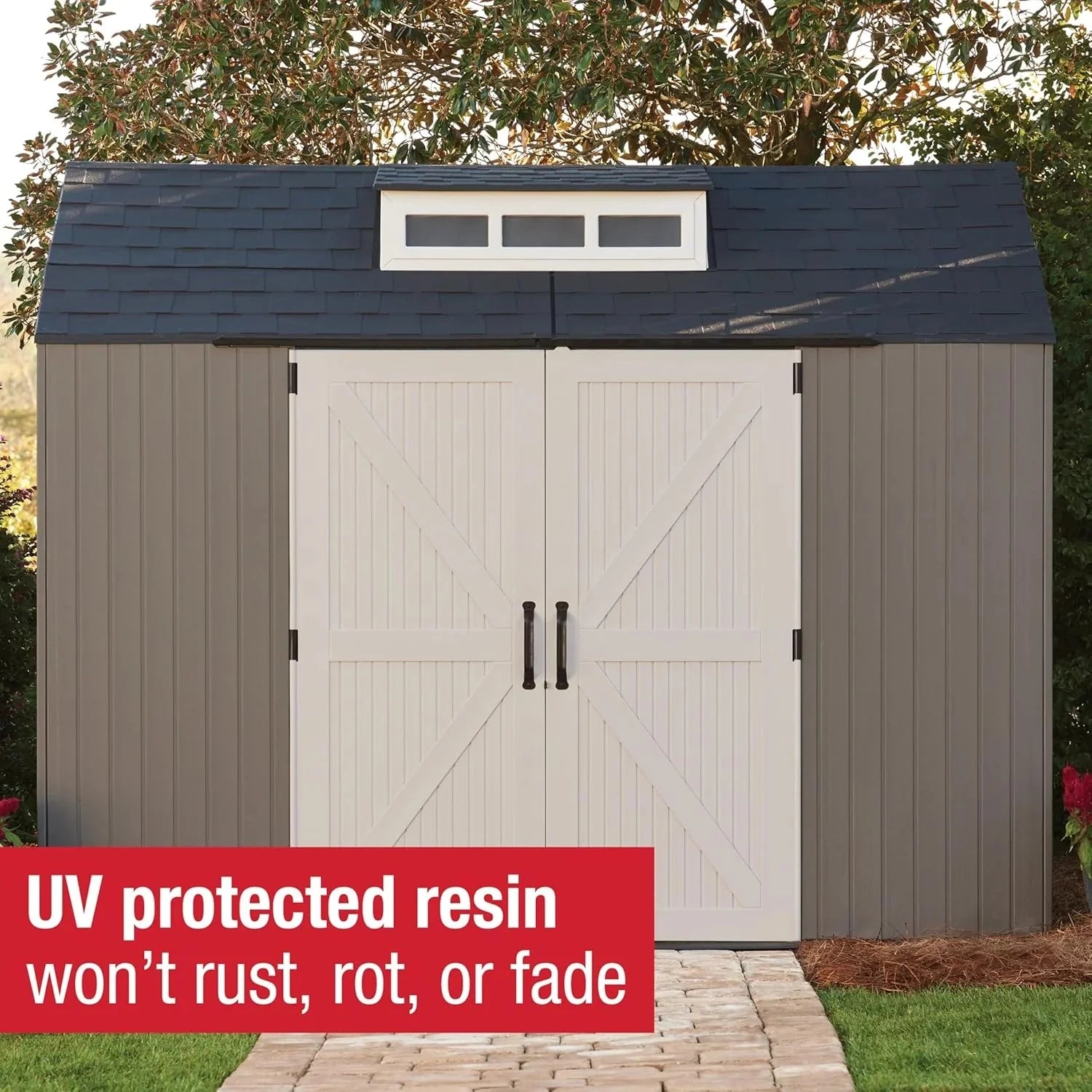 Rubbermaid resin garden shed with floor (2.13 x 2.13 m), weatherproof, grey, for storing garden tools, lawnmowers, bicycles and pool accessories
