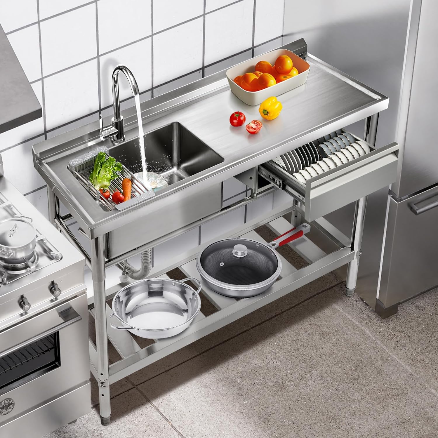 YORKING Stainless Steel Utility Sink, Free Standing Single Bowl Kitchen Sink