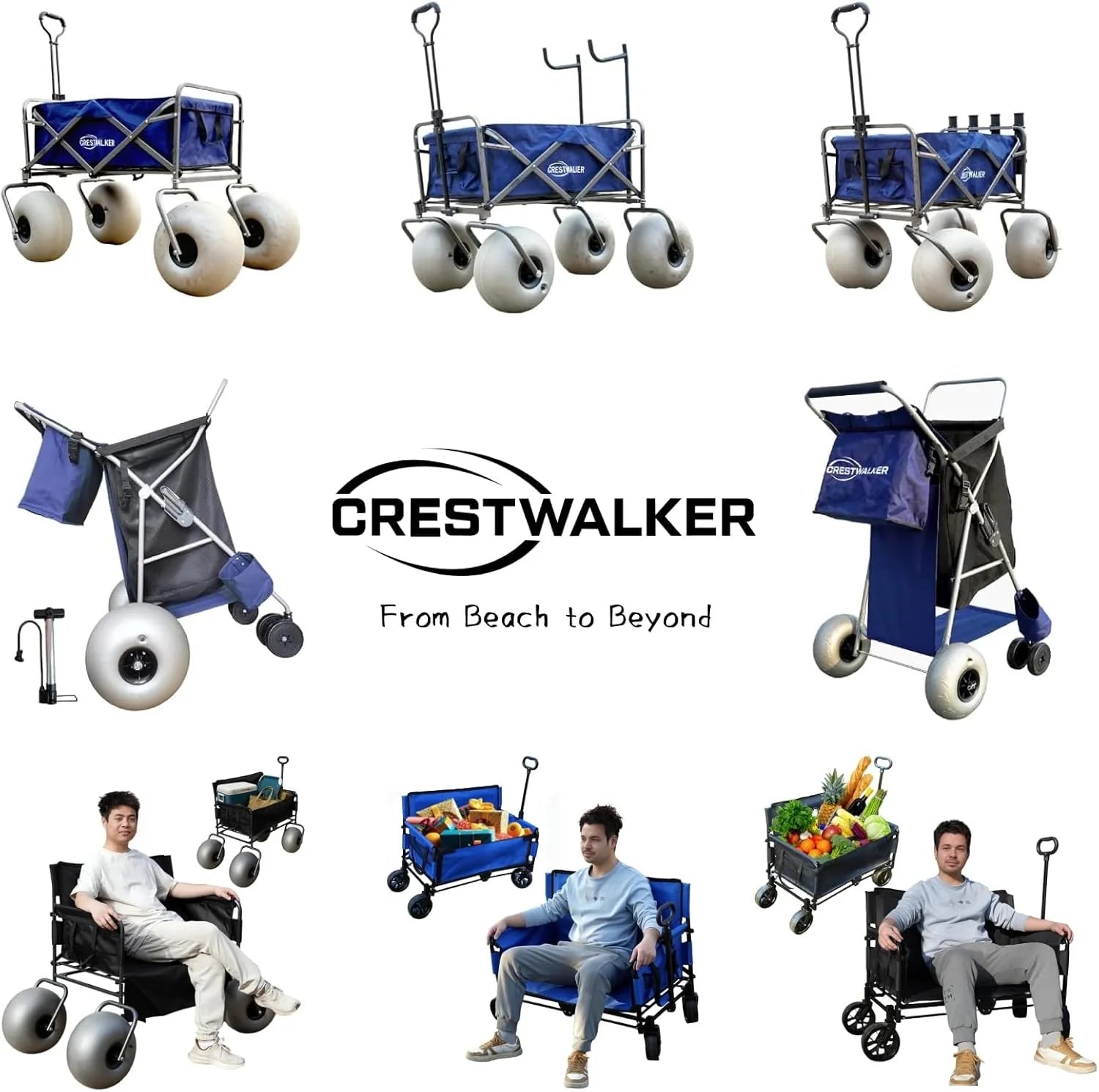 Beach cart with 13-inch balloon wheels, chair brackets and pump included