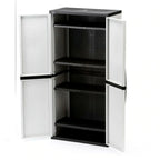 Freestanding garage cabinet made of grey plastic, model 2025, 89 cm W x 180 cm H x 46 cm D, with adjustable shelves and lockable doors.