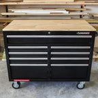 Mobile workbench with 9 drawers, hardwood top and power connection, 117 cm W x 62 cm D – high-gloss black