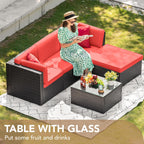 Devoko 5 Pieces Patio Furniture Sets All Weather Outdoor Sectional Patio Sofa Manual Weaving Wicker Rattan Patio Seating Sofas with Cushion and Glass Table(Beige)