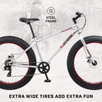 Mongoose Malus Mens and Women Fat Tire Mountain Bike, 26-Inch Bicycle Wheels, 4-Inch Wide Knobby Tires, Steel Frame, 7 Speed Drivetrain, Shimano Rear Derailleur, Disc Brakes