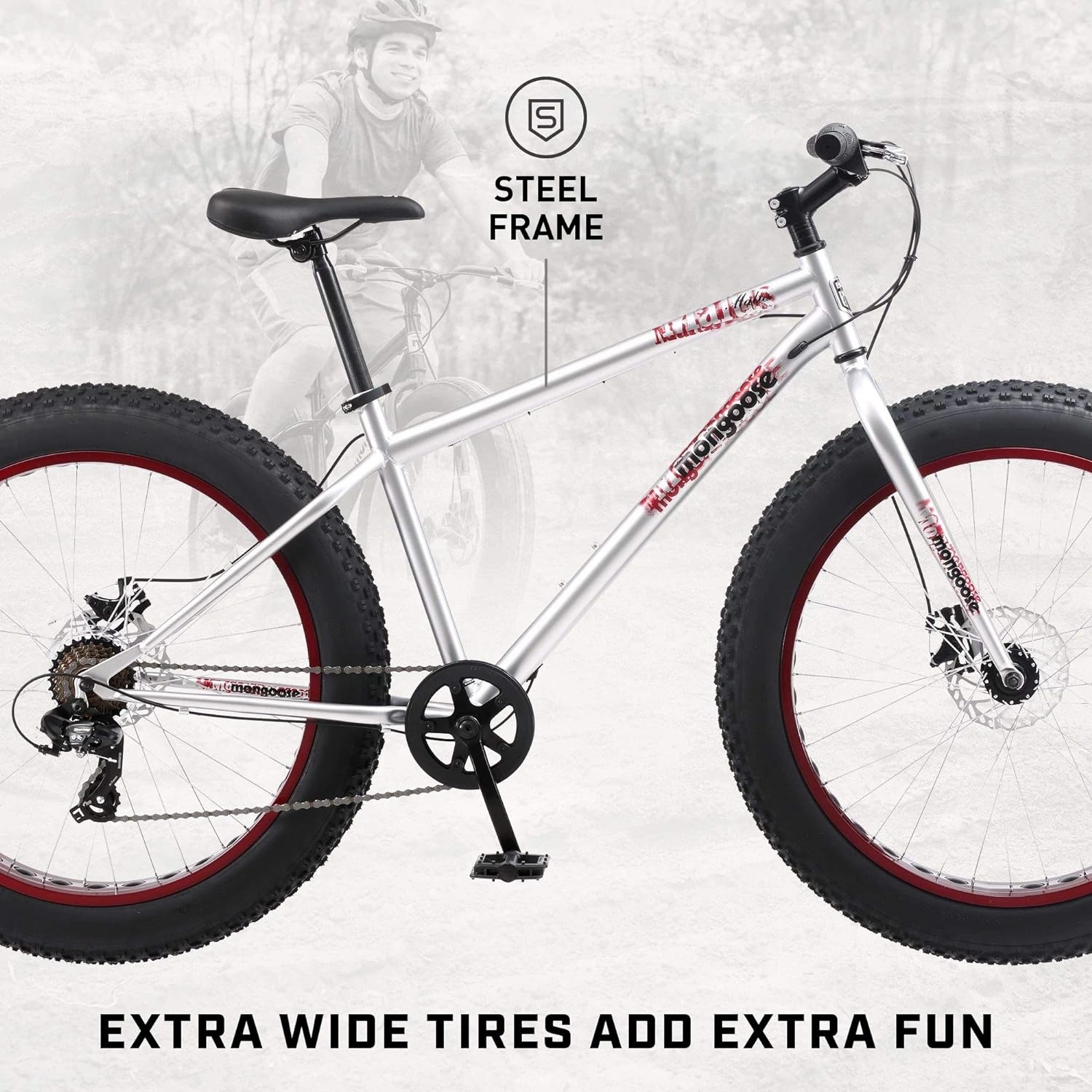 Mongoose Malus Mens and Women Fat Tire Mountain Bike, 26-Inch Bicycle Wheels, 4-Inch Wide Knobby Tires, Steel Frame, 7 Speed Drivetrain, Shimano Rear Derailleur, Disc Brakes