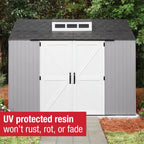 Rubbermaid resin garden shed with floor (2.13 x 2.13 m), weatherproof, grey, for storing garden tools, lawnmowers, bicycles and pool accessories