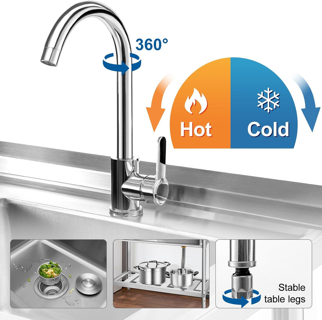YORKING Stainless Steel Utility Sink, Free Standing Single Bowl Kitchen Sink